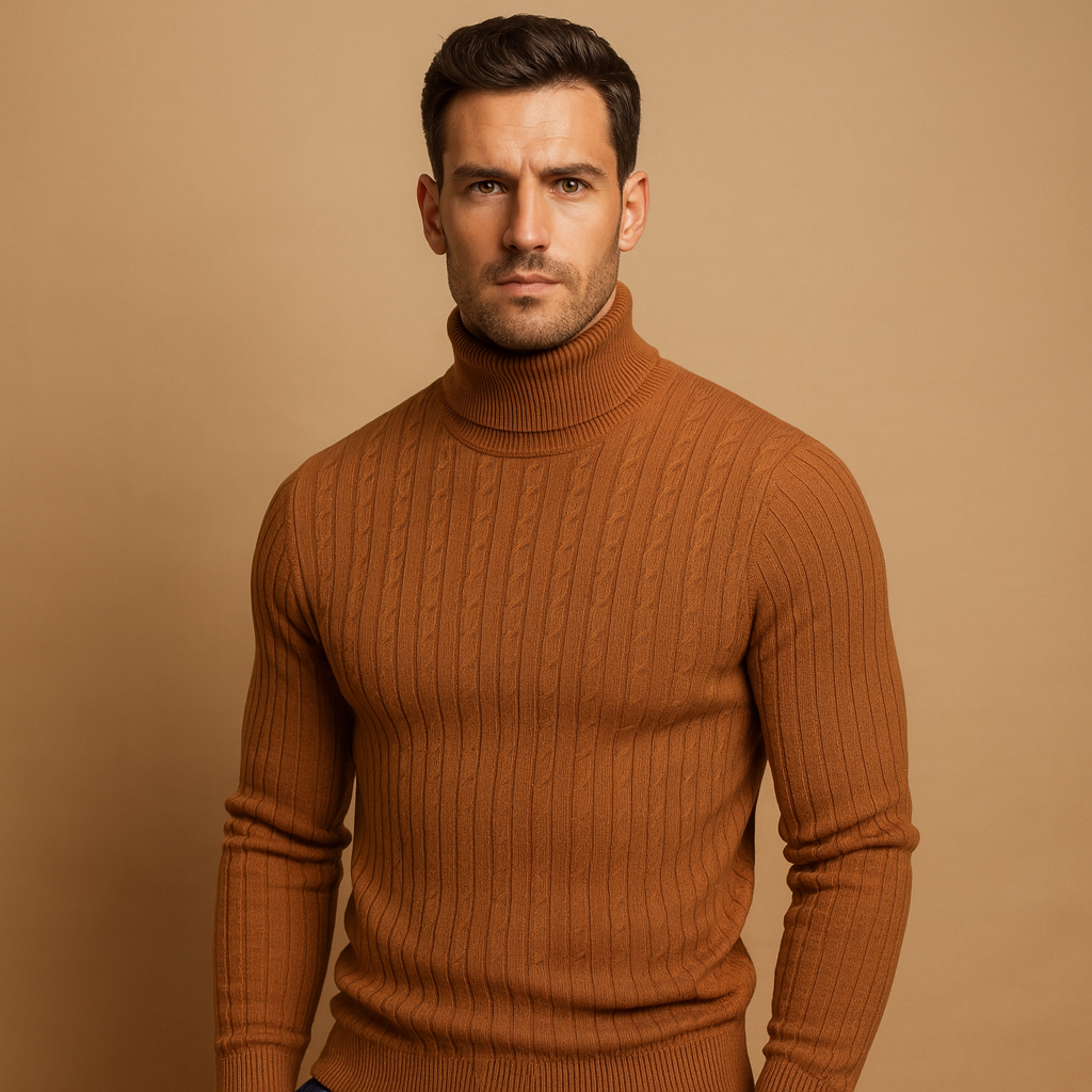 Men's Ribbed Roll-Neck Sweater for Layering Under Coats - Brown