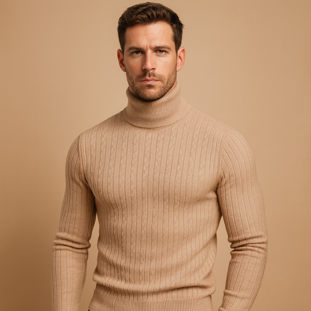 Men's Ribbed Roll-Neck Sweater for Layering Under Coats - Khaki