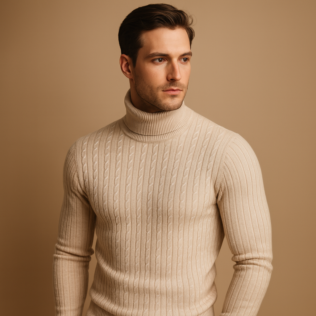 Men's Ribbed Roll-Neck Sweater for Layering Under Coats - Beige