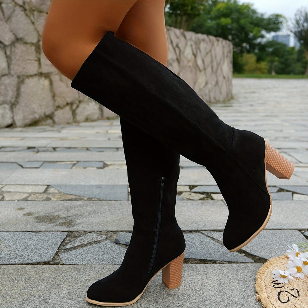 Women's Western Suede Tall Boots with Chunky Stacked Heel