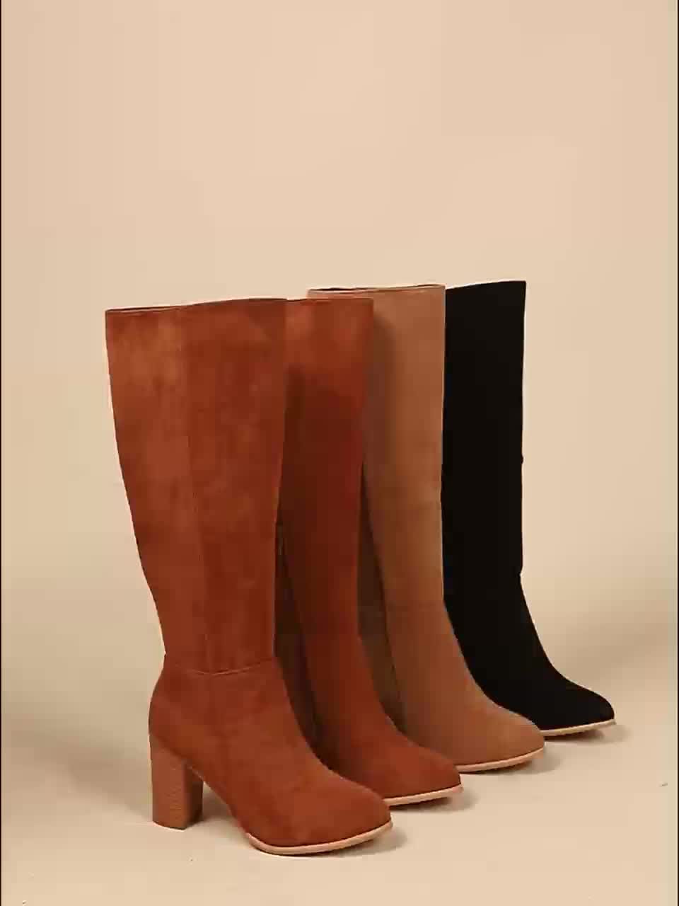 Women's Western Suede Tall Boots with Chunky Stacked Heel