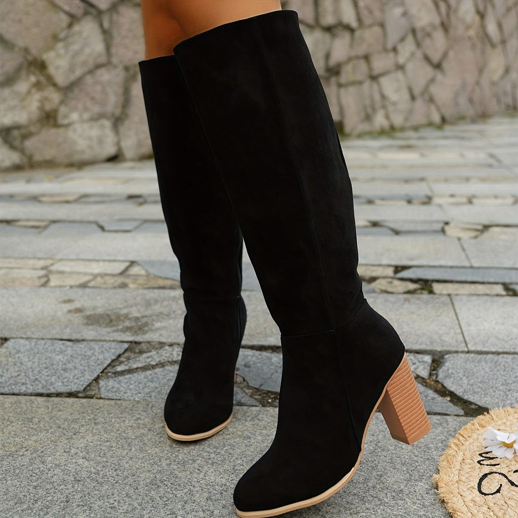Women's Western Suede Tall Boots with Chunky Stacked Heel - Black