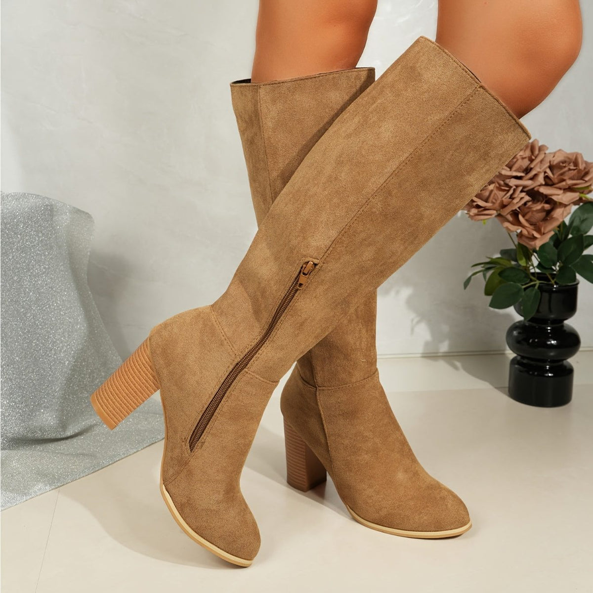 Women's Western Suede Tall Boots with Chunky Stacked Heel
