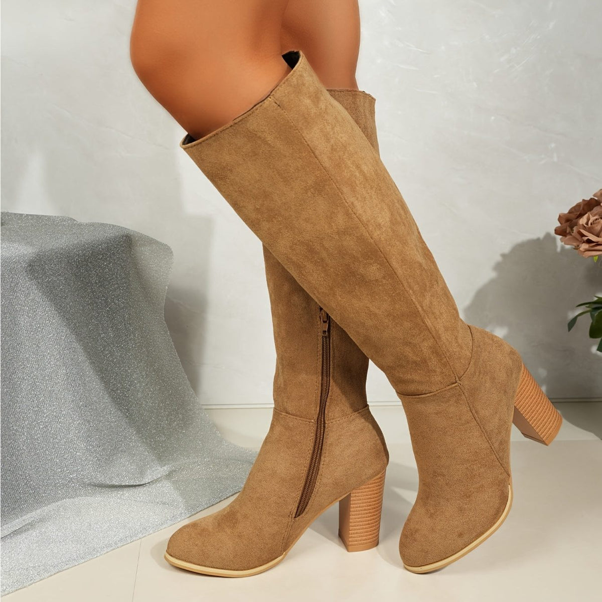 Women's Western Suede Tall Boots with Chunky Stacked Heel