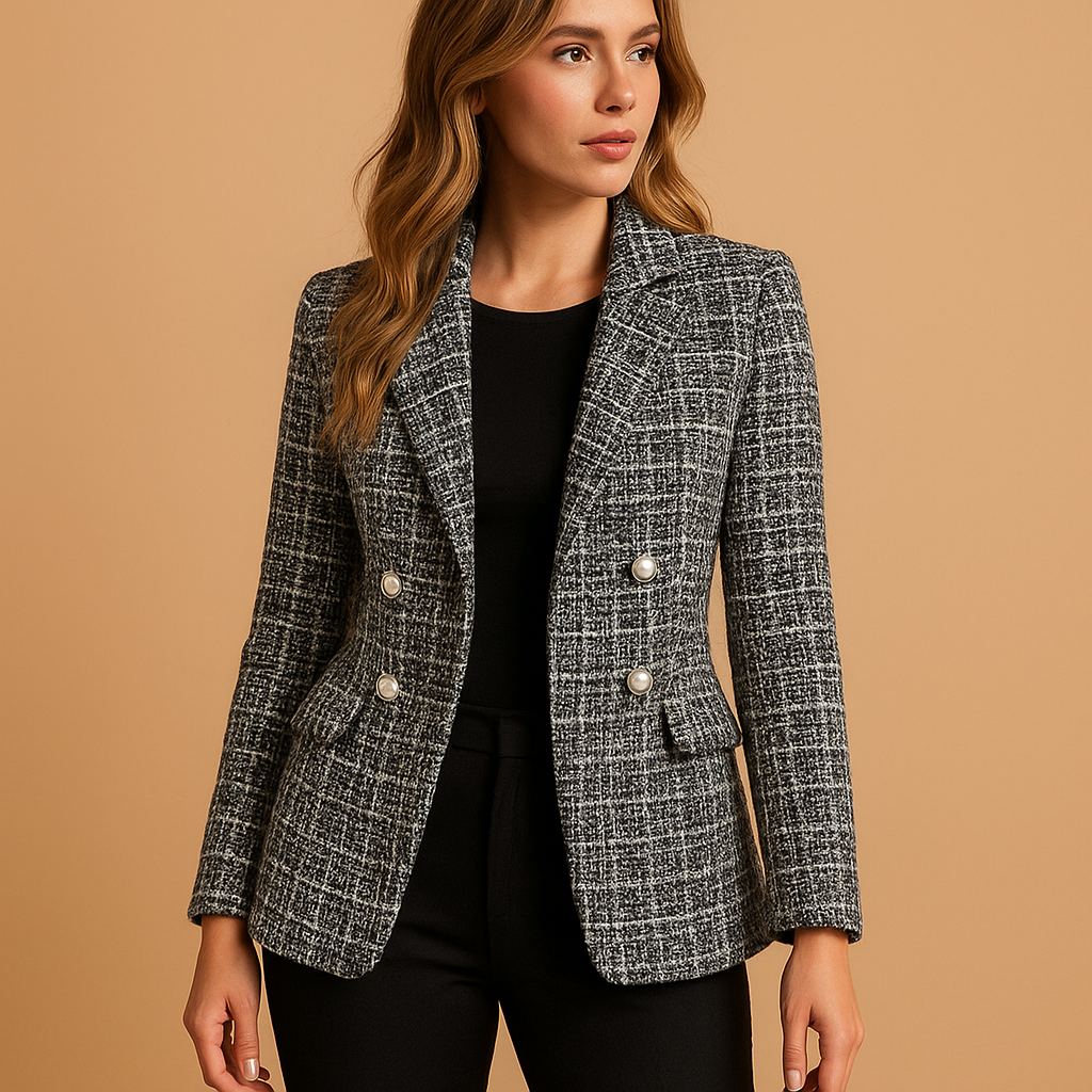 Women's All-Over Print Tailored Blazer with Classic Lapels - Black
