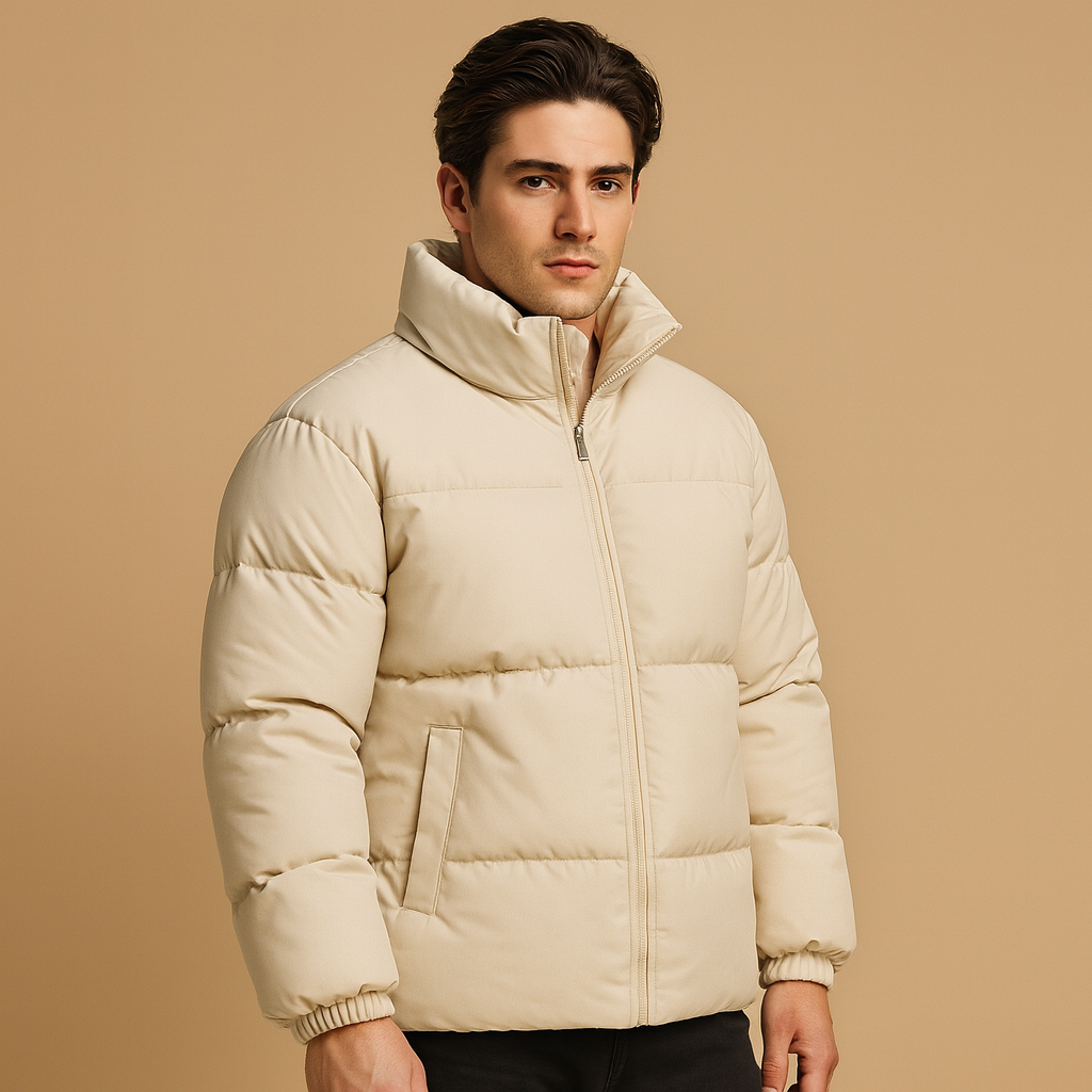 Men's High-Collar Padded Winter Jacket in a Hip-Length Cut - Beige