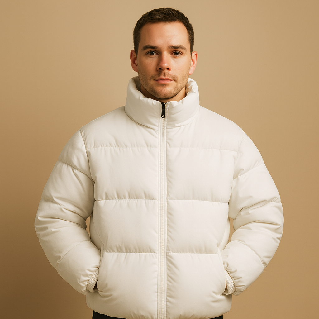 Men's High-Collar Padded Winter Jacket in a Hip-Length Cut - White