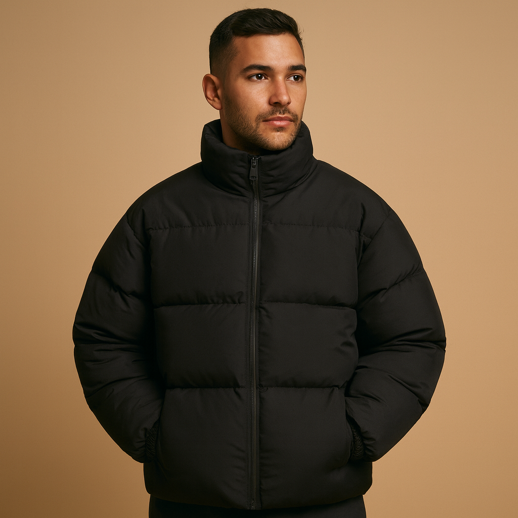 Men's High-Collar Padded Winter Jacket in a Hip-Length Cut - Black