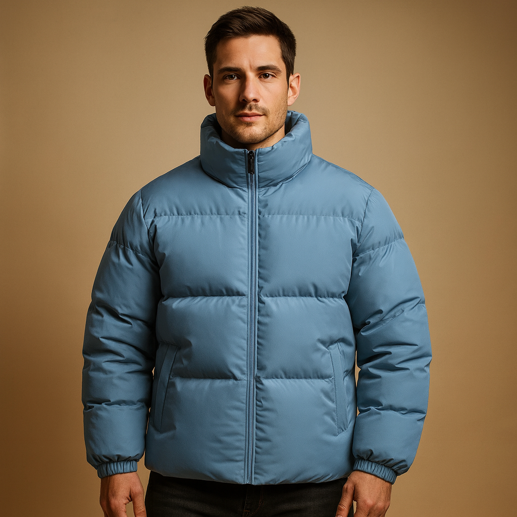 Men's High-Collar Padded Winter Jacket in a Hip-Length Cut - Blue