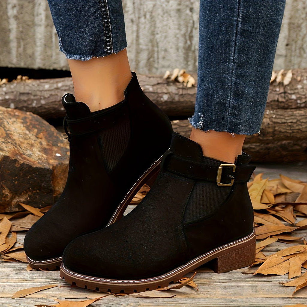 Women's Buckle-Strap Chelsea Booties with Rounded Toe and Lug Sole - Black