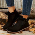 Women's Buckle-Strap Chelsea Booties with Rounded Toe and Lug Sole - Black