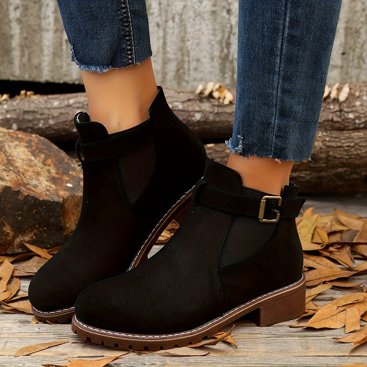 Women's Buckle-Strap Chelsea Booties with Rounded Toe and Lug Sole - Black
