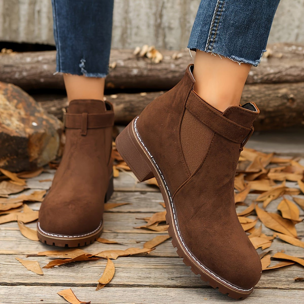 Women's Buckle-Strap Chelsea Booties with Rounded Toe and Lug Sole