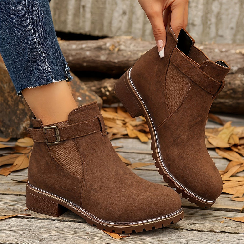 Women's Buckle-Strap Chelsea Booties with Rounded Toe and Lug Sole