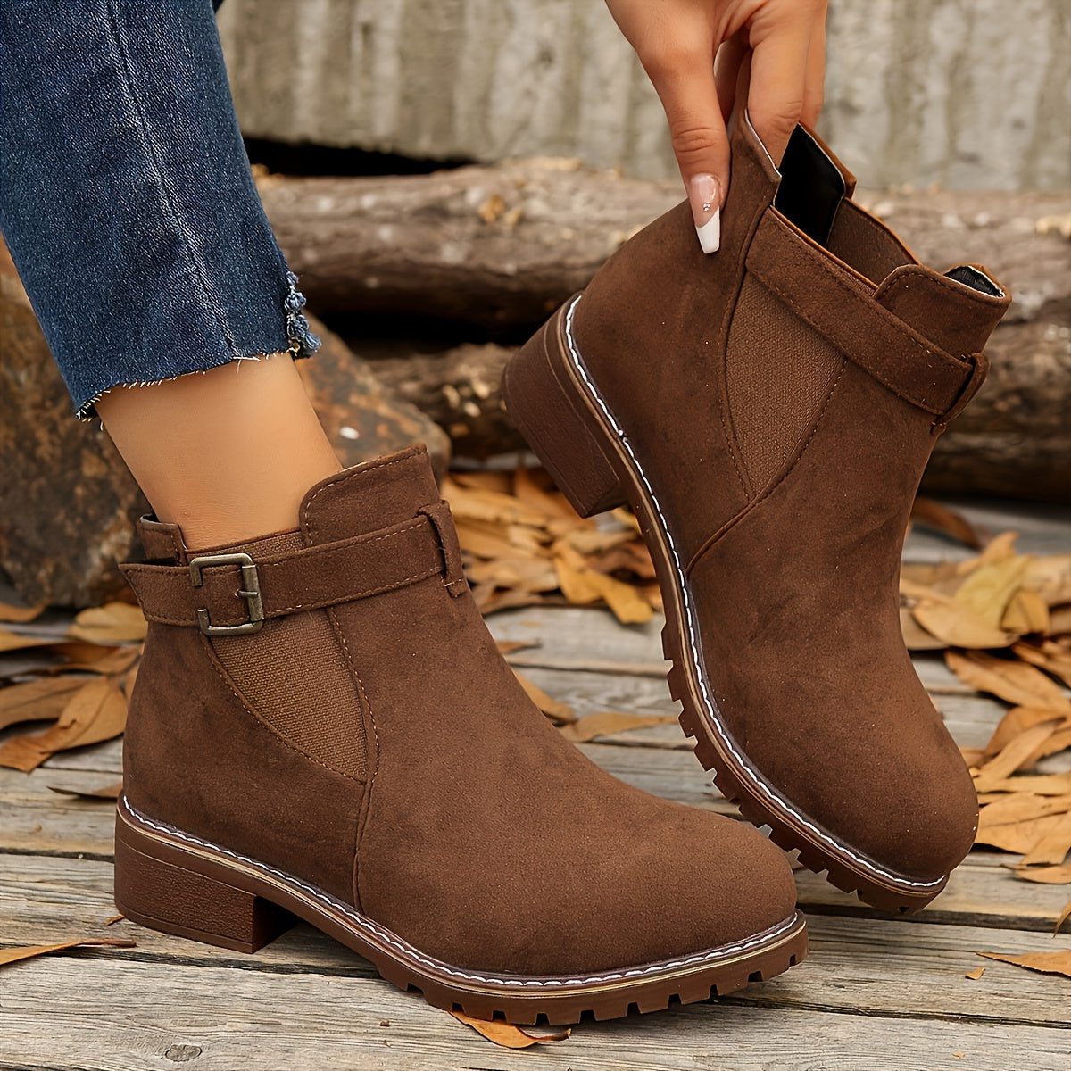 Women's Buckle-Strap Chelsea Booties with Rounded Toe and Lug Sole