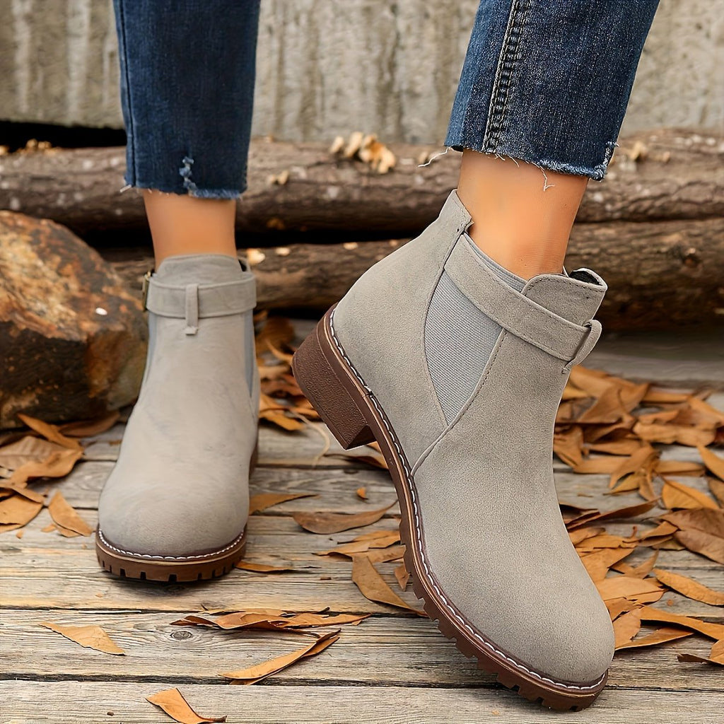 Women's Buckle-Strap Chelsea Booties with Rounded Toe and Lug Sole