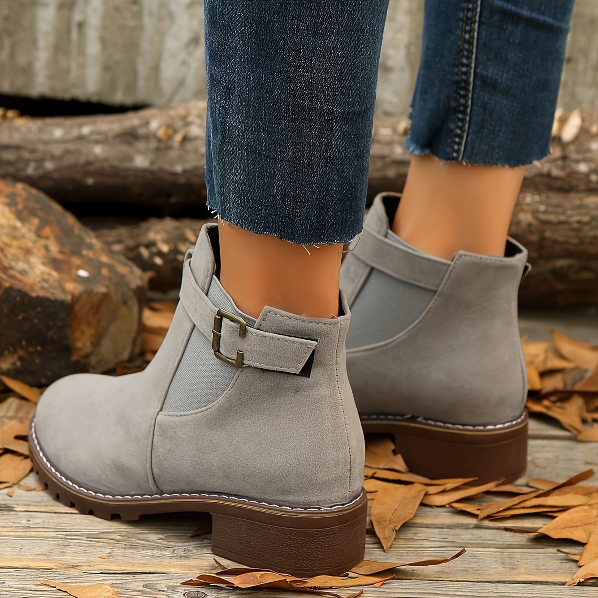 Women's Buckle-Strap Chelsea Booties with Rounded Toe and Lug Sole
