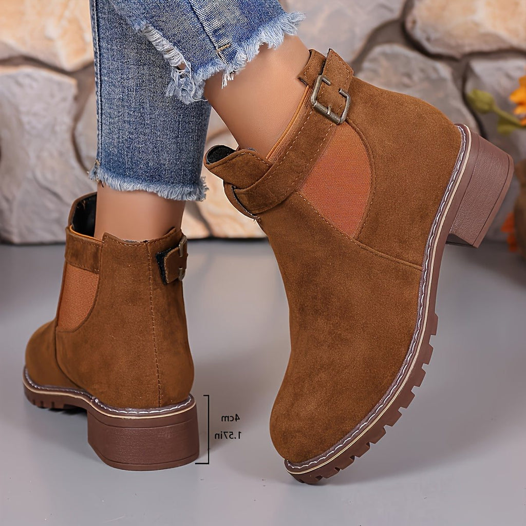 Women's Buckle-Strap Chelsea Booties with Rounded Toe and Lug Sole
