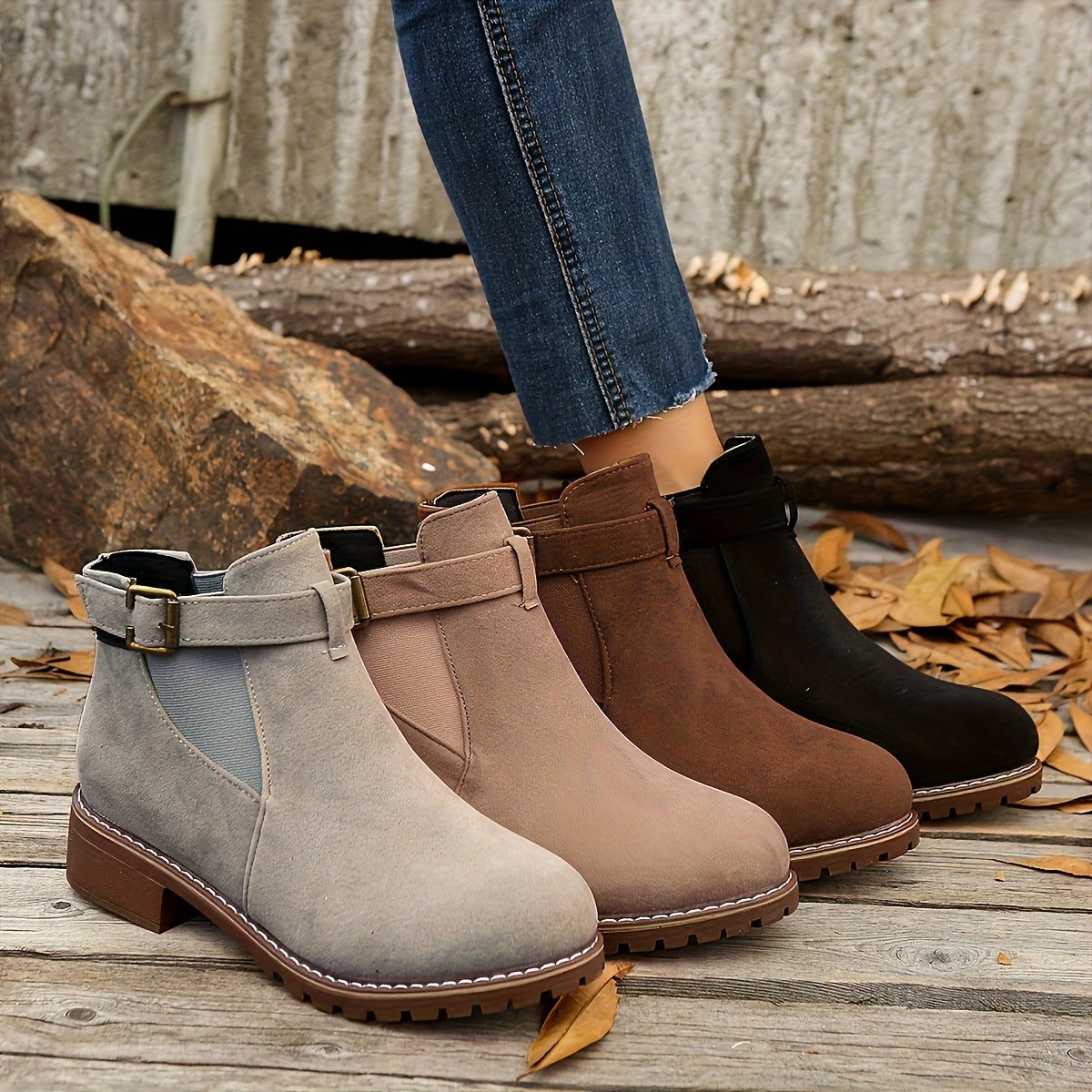Women's Buckle-Strap Chelsea Booties with Rounded Toe and Lug Sole