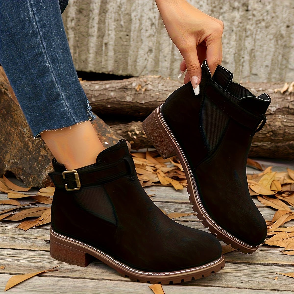 Women's Buckle-Strap Chelsea Booties with Rounded Toe and Lug Sole