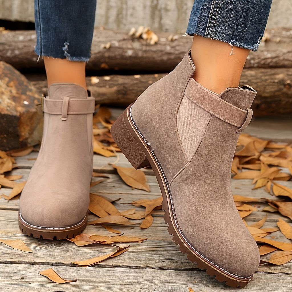 Women's Buckle-Strap Chelsea Booties with Rounded Toe and Lug Sole