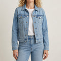 Women's Cropped Denim Jacket with Metal Buttons and Chest Pockets - Blue