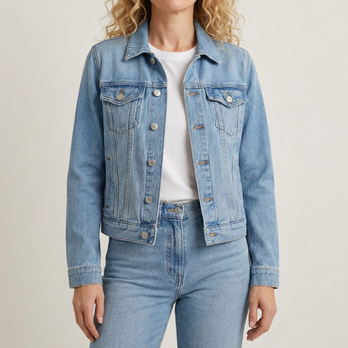 Women's Cropped Denim Jacket with Metal Buttons and Chest Pockets - Blue
