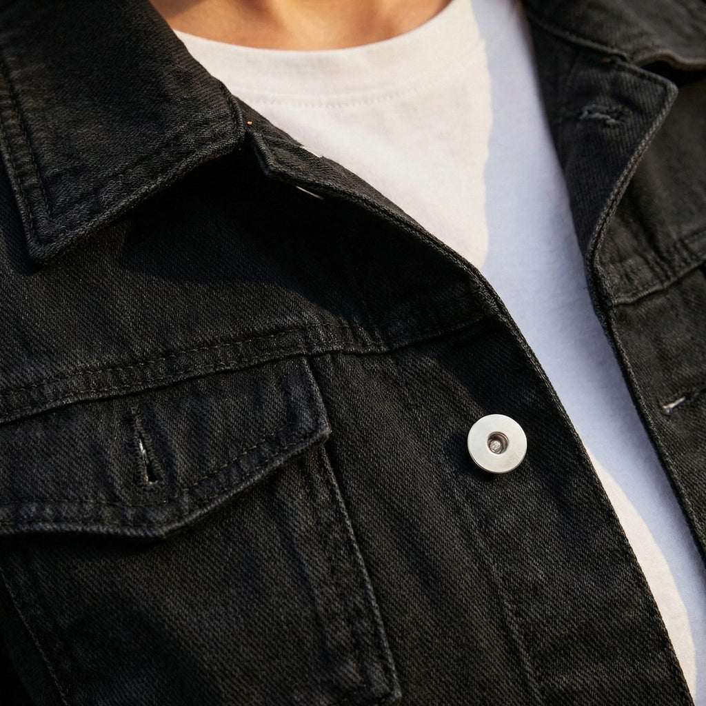 Women's Cropped Denim Jacket with Metal Buttons and Chest Pockets
