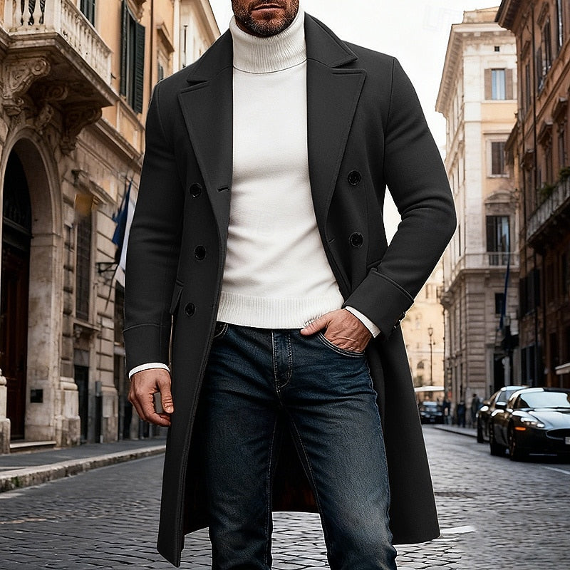 Men's Longline Double-Breasted Topcoat with Generous Pockets - Black