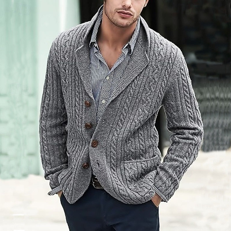 Men's Tailored-Lapel Button Cardigan in Soft Cable Knit - Gray