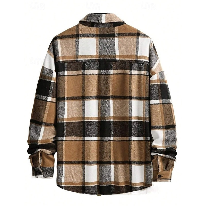 Men's Sturdy-Button Plaid Shirt Jacket with Chest Pockets