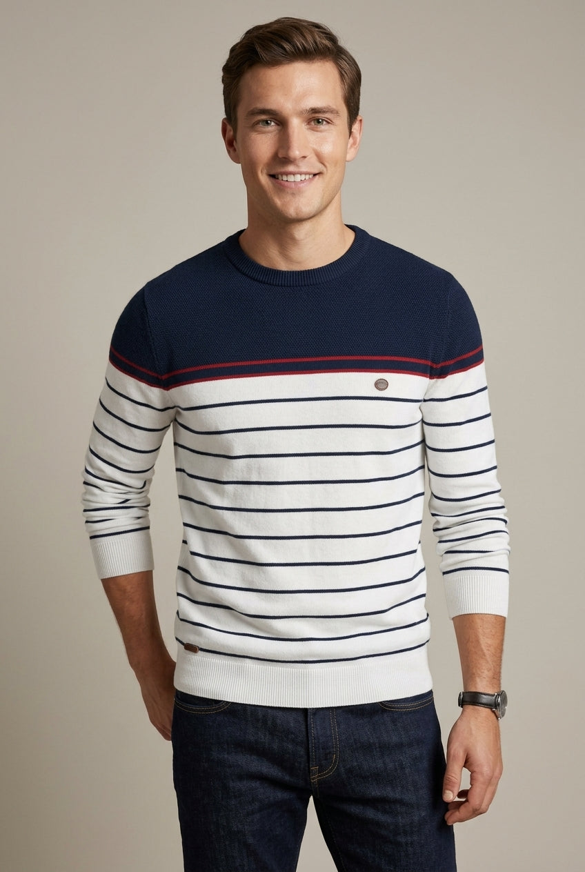 Men's Casual Striped Pullover Sweater with Crew Neck - White