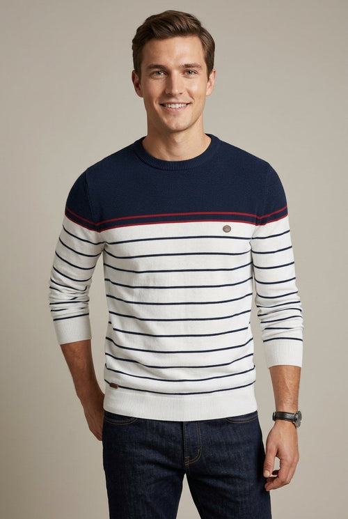 Men's Casual Striped Pullover Sweater with Crew Neck
