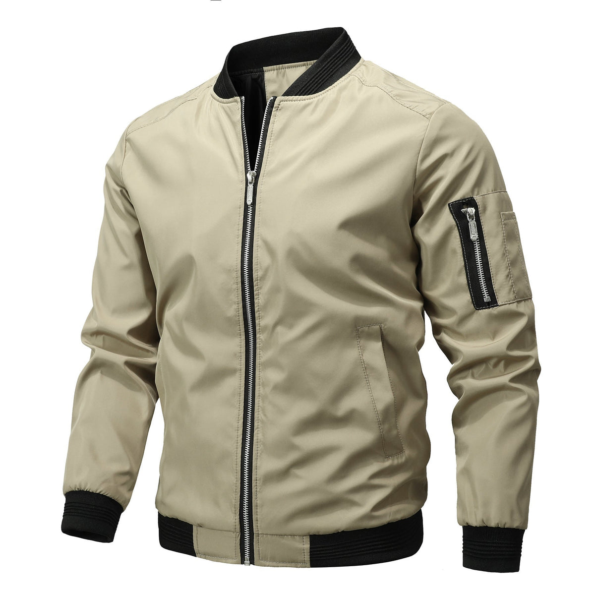 Men's Classic Short Bomber Jacket with Ribbed Cuffs and Sleeve Pocket - Khaki