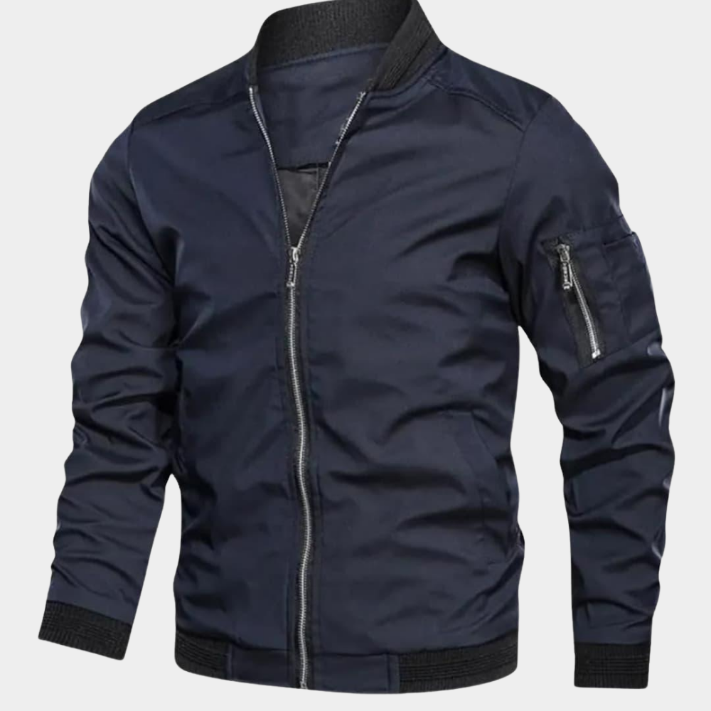 Men's Classic Short Bomber Jacket with Ribbed Cuffs and Sleeve Pocket - Navy Blue