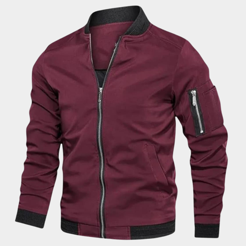 Men's Classic Short Bomber Jacket with Ribbed Cuffs and Sleeve Pocket - Wine Red