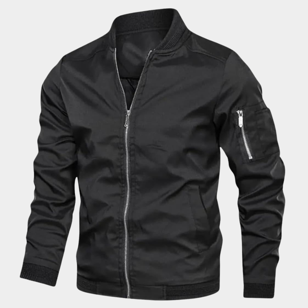 Men's Classic Short Bomber Jacket with Ribbed Cuffs and Sleeve Pocket - Black