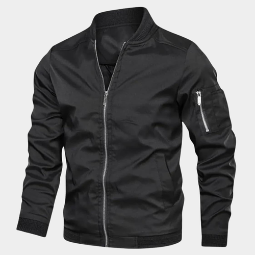 Men's Classic Short Bomber Jacket with Ribbed Cuffs and Sleeve Pocket - Black