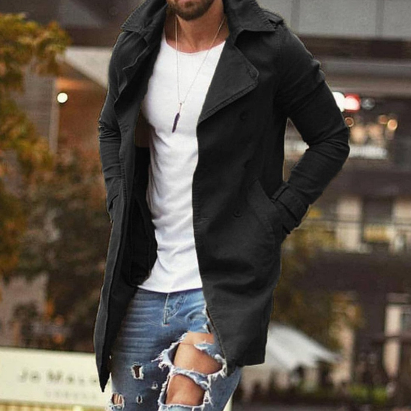 Men's Mid-Length Slim Trench Overcoat with Broad Notch Lapels - Black