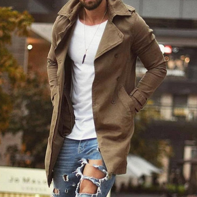 Men's Mid-Length Slim Trench Overcoat with Broad Notch Lapels - Brown