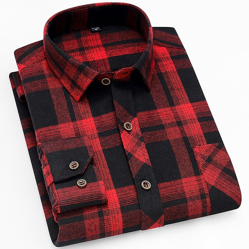 Men's Plaid Shirt with Turn-Down Collar and Chest Pocket - Wine Red