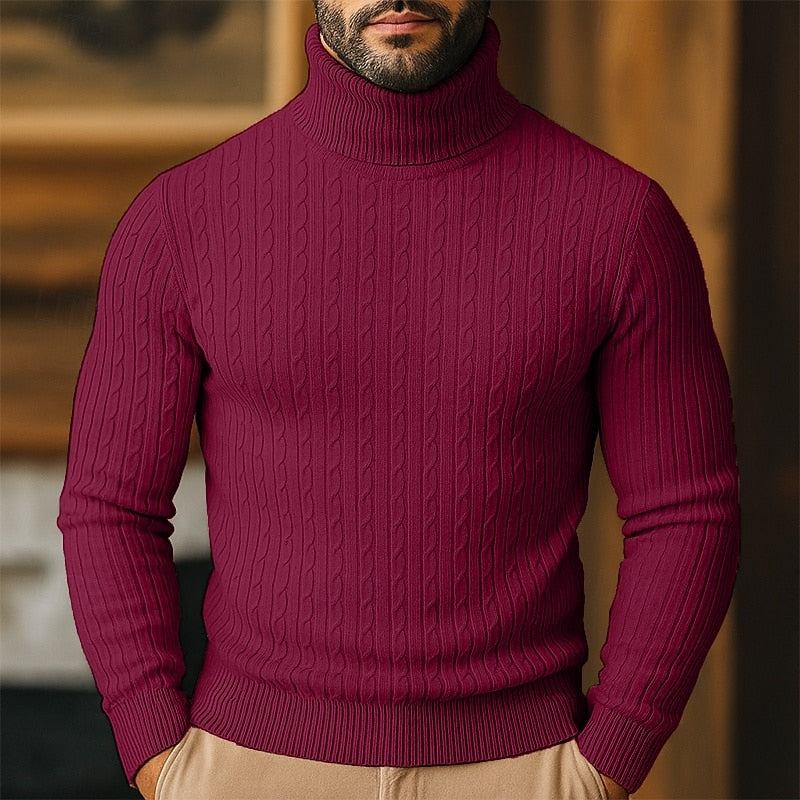 Men's Twisted-Cable Rolled-Neck Sweater in a Slim Cut - Wine