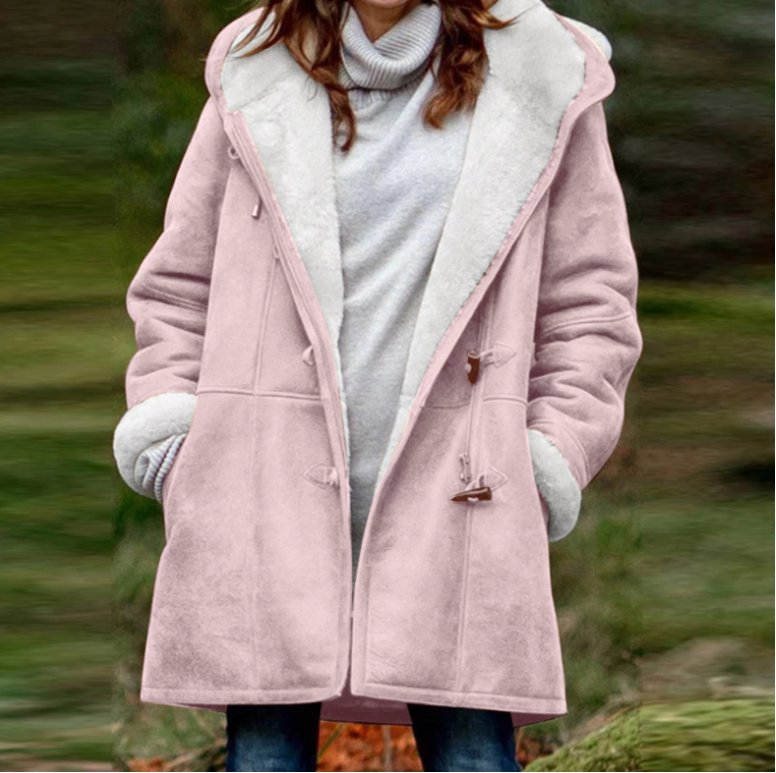 Women's Water-Repellent Mid-Length Duffle with Lined Hood - Light Pink