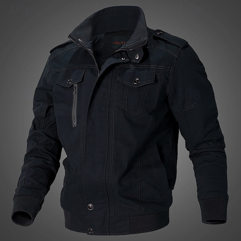 Men's Relaxed Stand-Collar Field Jacket with Multiple Pockets - Black