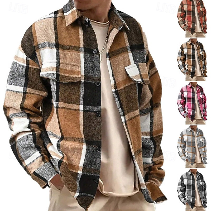 Men's Sturdy-Button Plaid Shirt Jacket with Chest Pockets