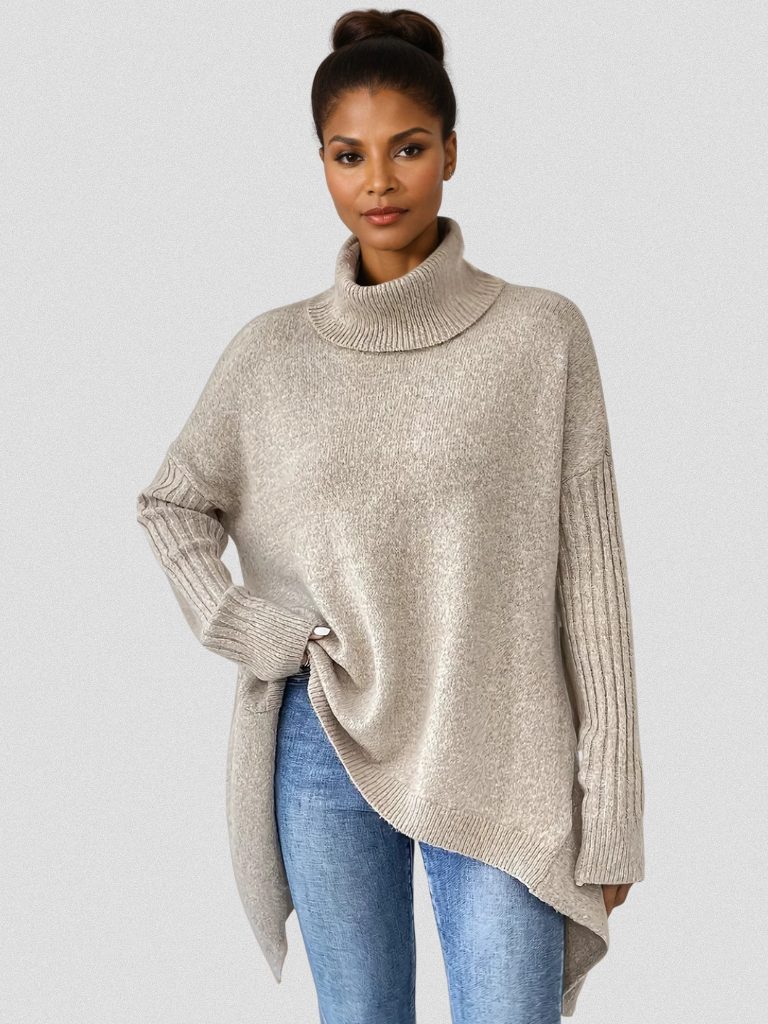 Women's Oversized Turtleneck Sweater with Curved Asymmetric Hem - Beige