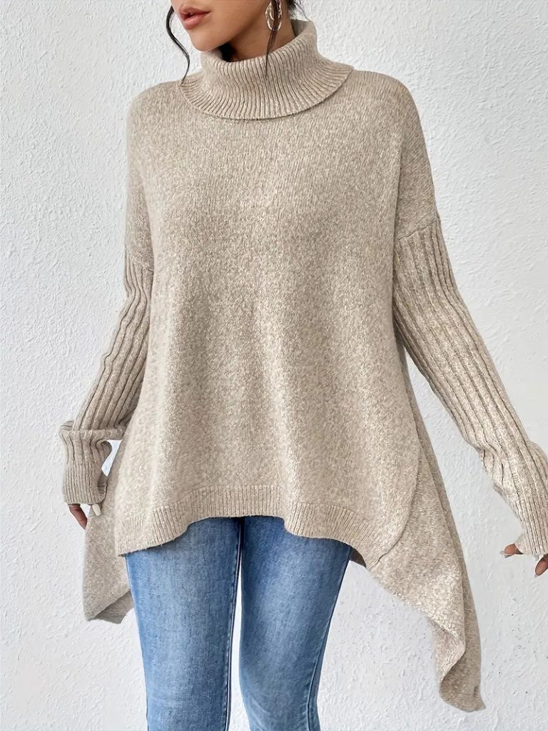 Women's Oversized Turtleneck Sweater with Curved Asymmetric Hem