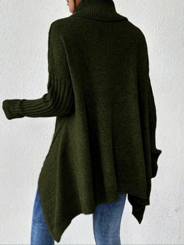 Women's Oversized Turtleneck Sweater with Curved Asymmetric Hem