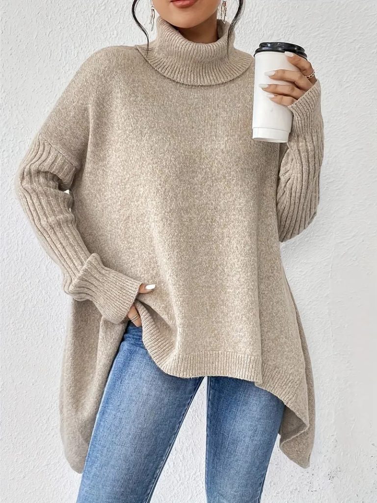 Women's Oversized Turtleneck Sweater with Curved Asymmetric Hem