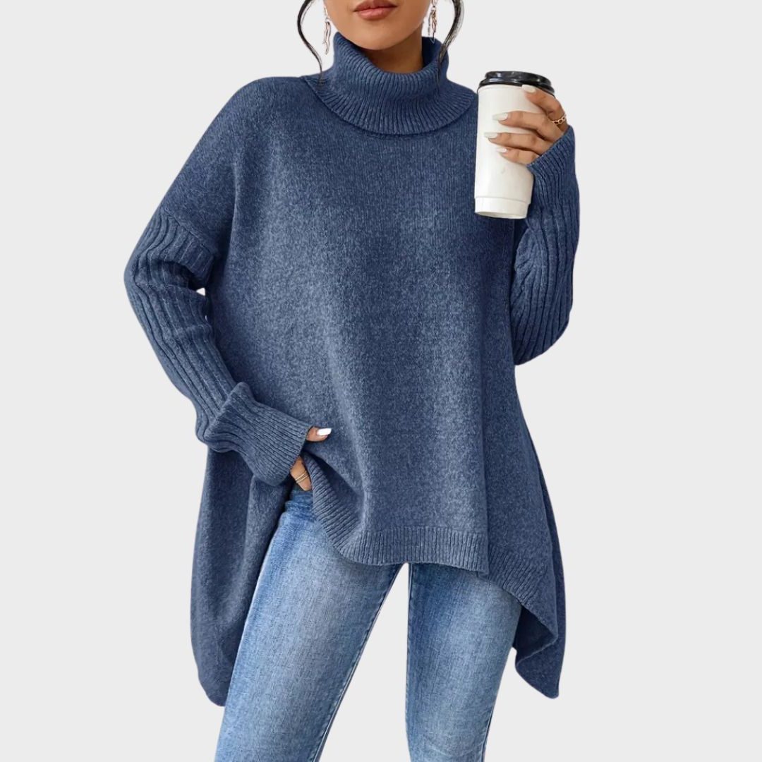 Women's Oversized Turtleneck Sweater with Curved Asymmetric Hem